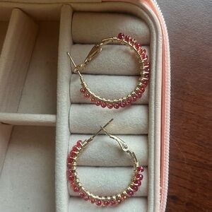 Elegant Gold and Pink Bead Hoop Earrings